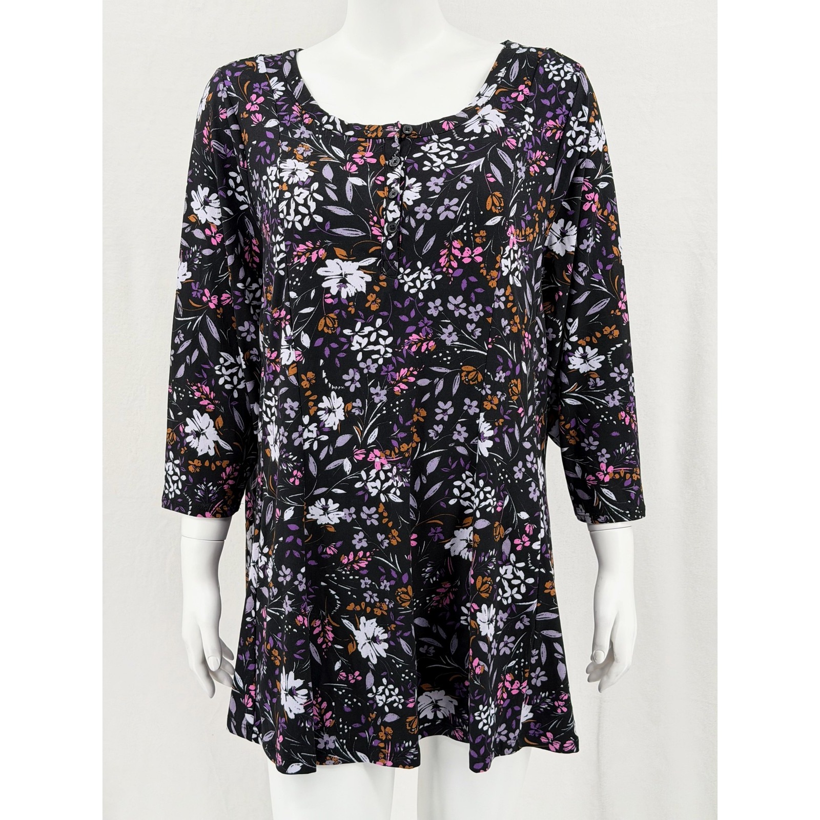 Lane Bryant Top Womens 18 20 Black Dark Floral Henley 3/4 Sleeve Boho Mature